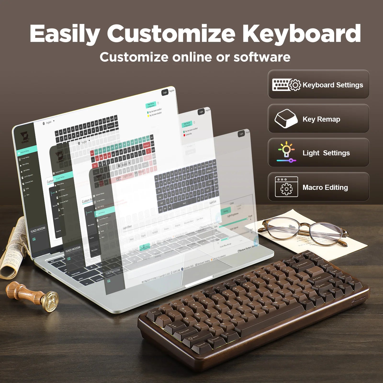 YUNZII WOOD84 Wireless Mechanical Keyboard, 75% Walnut RGB Backlit Wooden Keyboard, Tray Mount Hot-swap PBT Keycaps for Mac/Win