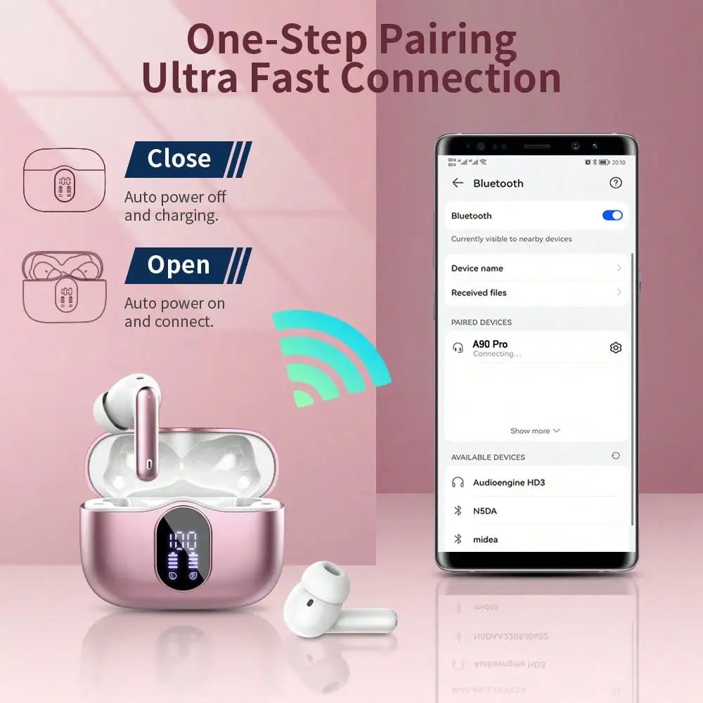 Ordtop Wireless Earbuds, Bluetooth Headphones 48H Playtime Ear Buds With LED Power Display, IPX7 Waterproof Bluetooth 5.4 Earphones In-Ear Earbuds With 4 Mic For Android IOS Cell Phone Laptop, Purple