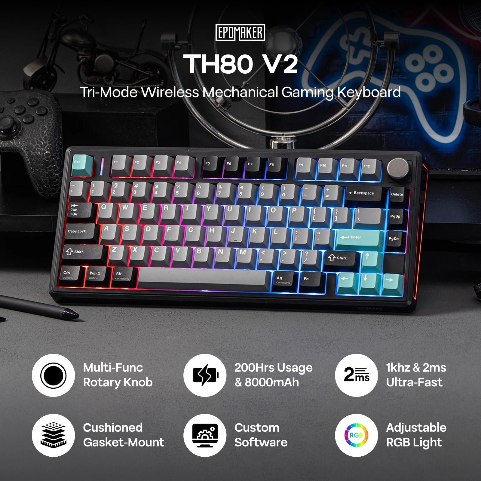 EPOMAKER TH80 V2 75% ANSI US Layout Wired/Bluetooth/2.4Ghz Wireless Mechanical Gaming Keyboard with Programmable Keys & Knob