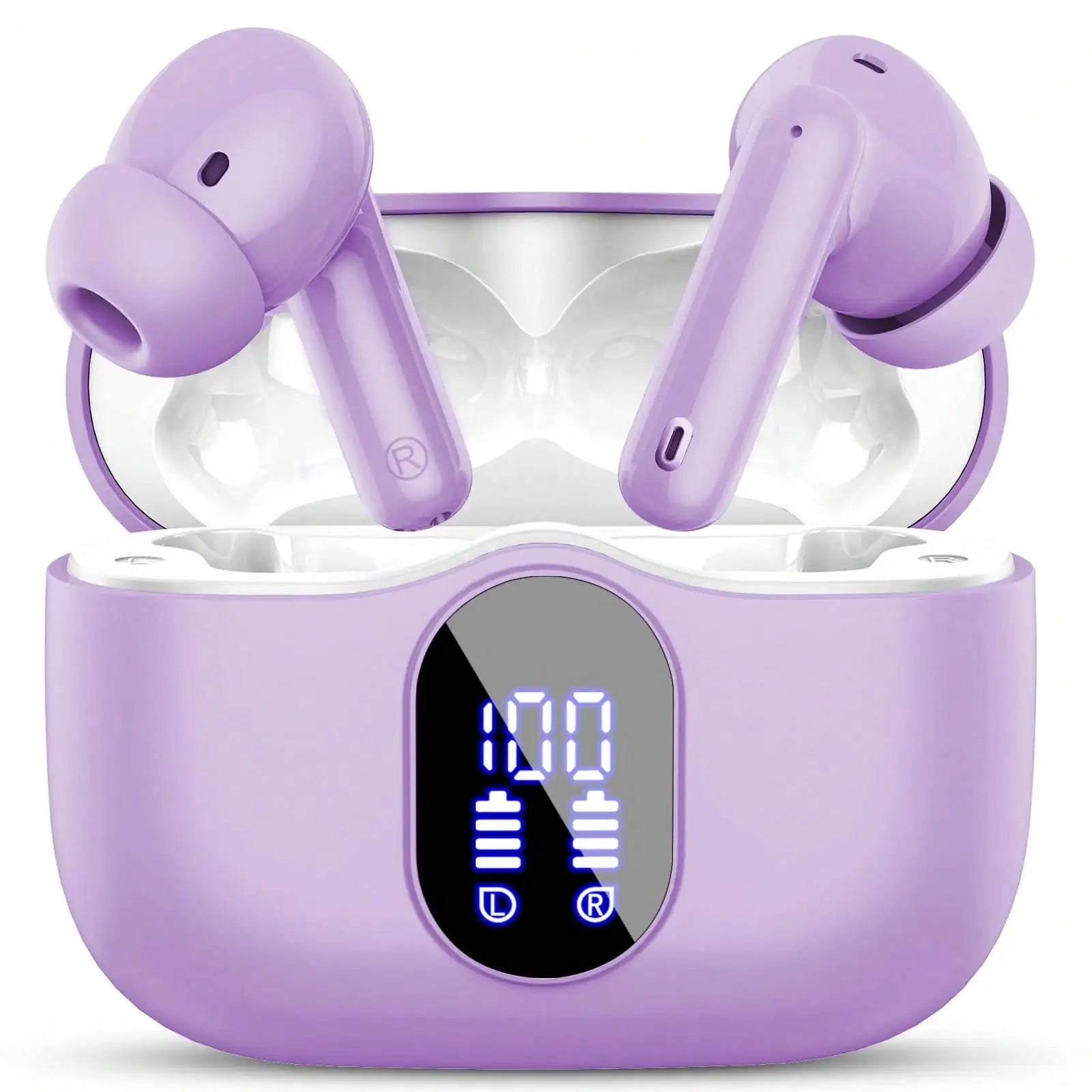 Ordtop Wireless Earbuds, Bluetooth Headphones 48H Playtime Ear Buds With LED Power Display, IPX7 Waterproof Bluetooth 5.4 Earphones In-Ear Earbuds With 4 Mic For Android IOS Cell Phone Laptop, Purple